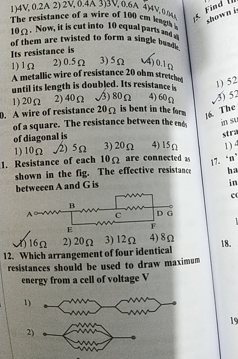 1) 4 V,0.2 A2)2 V,0.4 A3)3 V,0.6 A 4) 4 V,0.04 A The resistance of a w