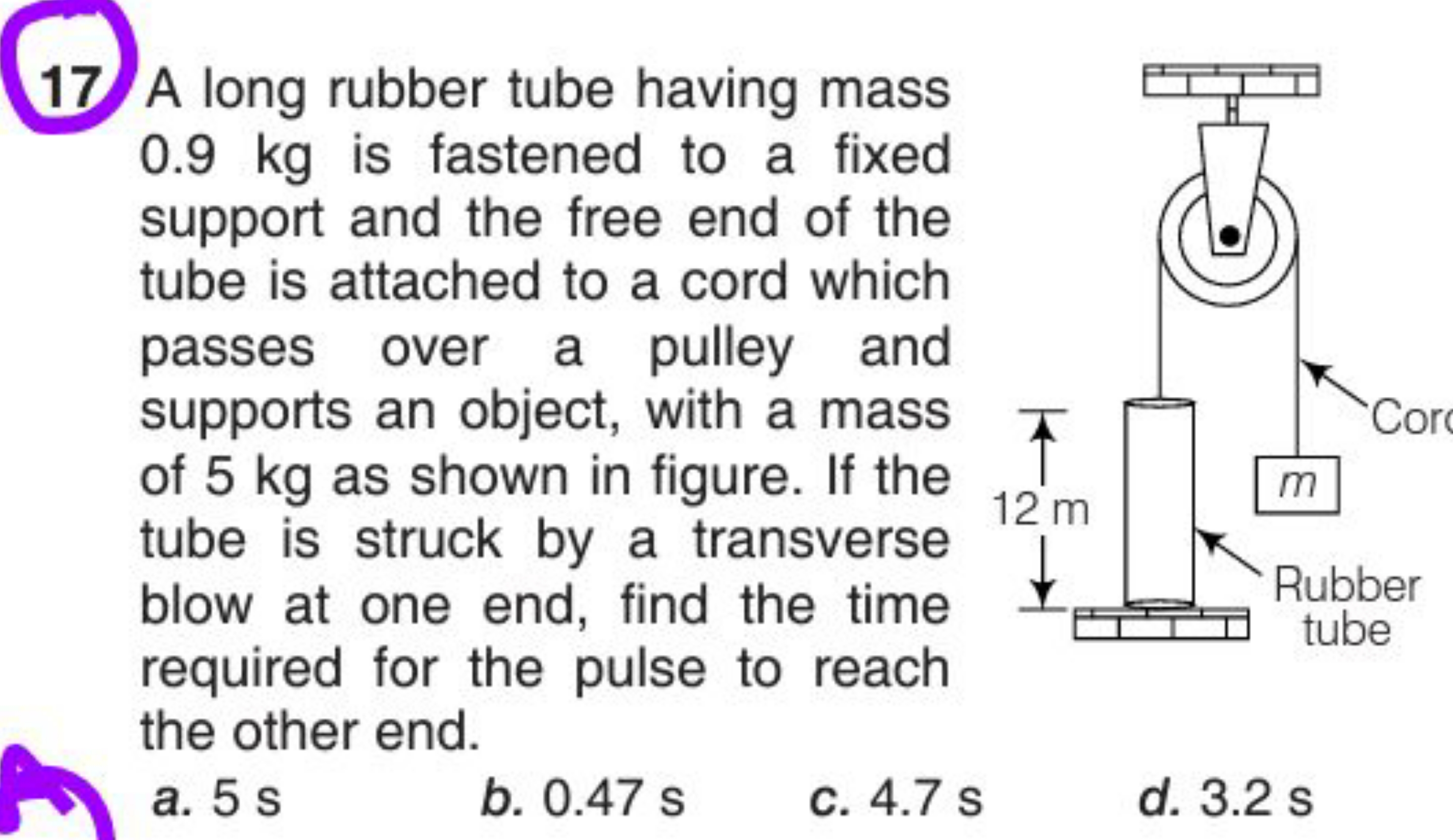 17 A long rubber tube having mass 0.9 kg is fastened to a fixed suppor