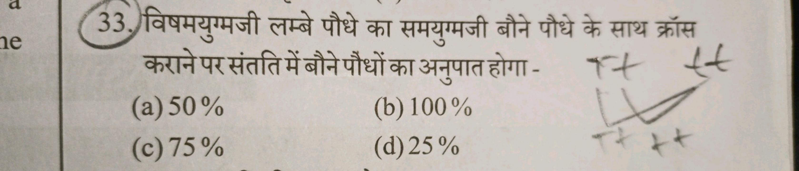 33. विषमयुग्मजी लम्बे पौधे का समयुग्मजी बौने पौधे के साथ क्रॉस कराने प