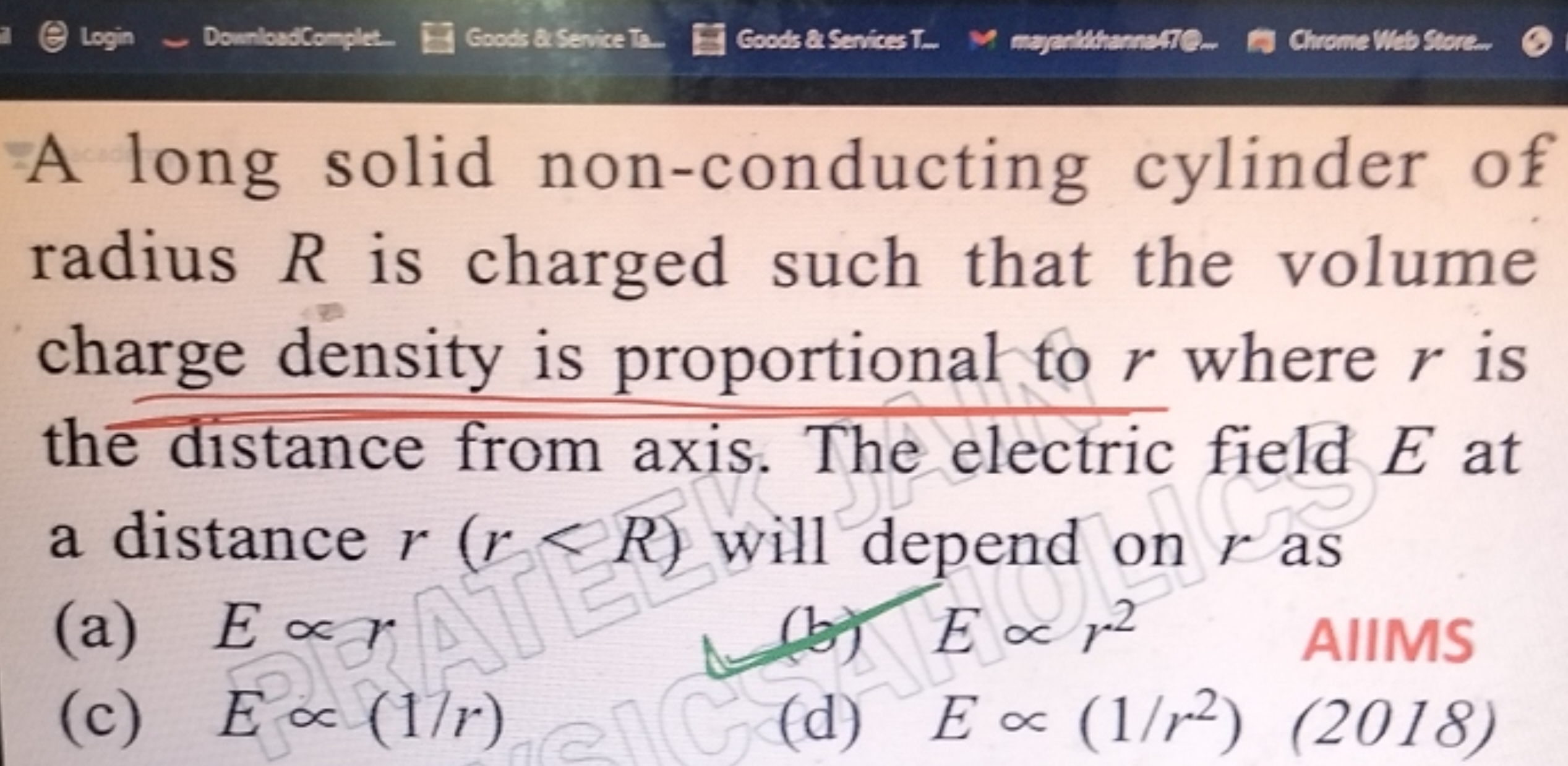 A long solid non-conducting cylinder of radius R is charged such that 