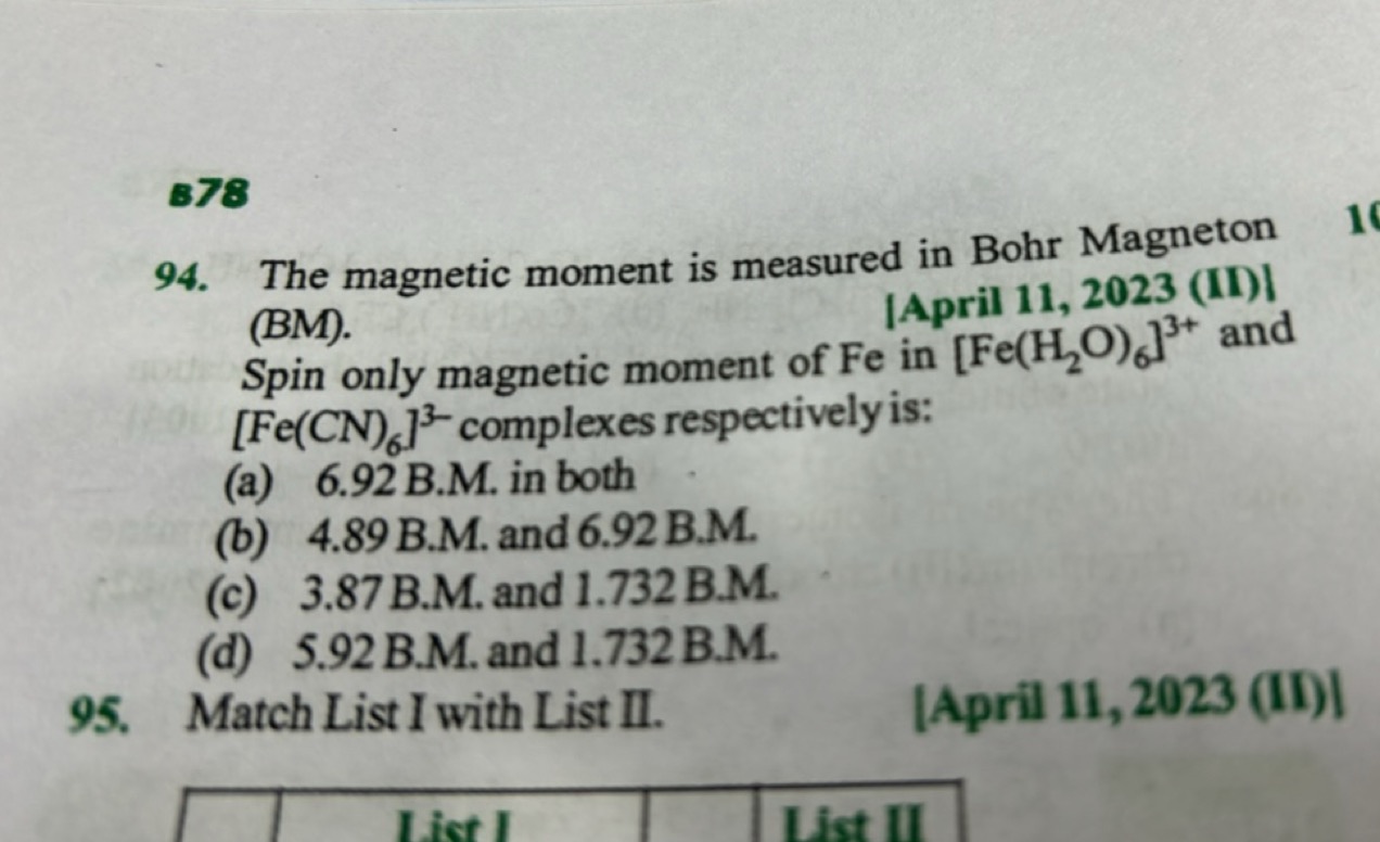 B78 94. The magnetic moment is measured in Bohr Magneton (BM). [April 