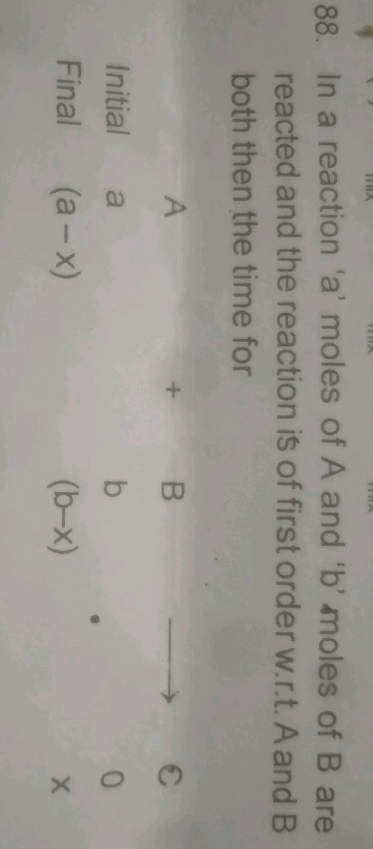 88. In a reaction ' a ' moles of A and ' b ' moles of B are reacted an