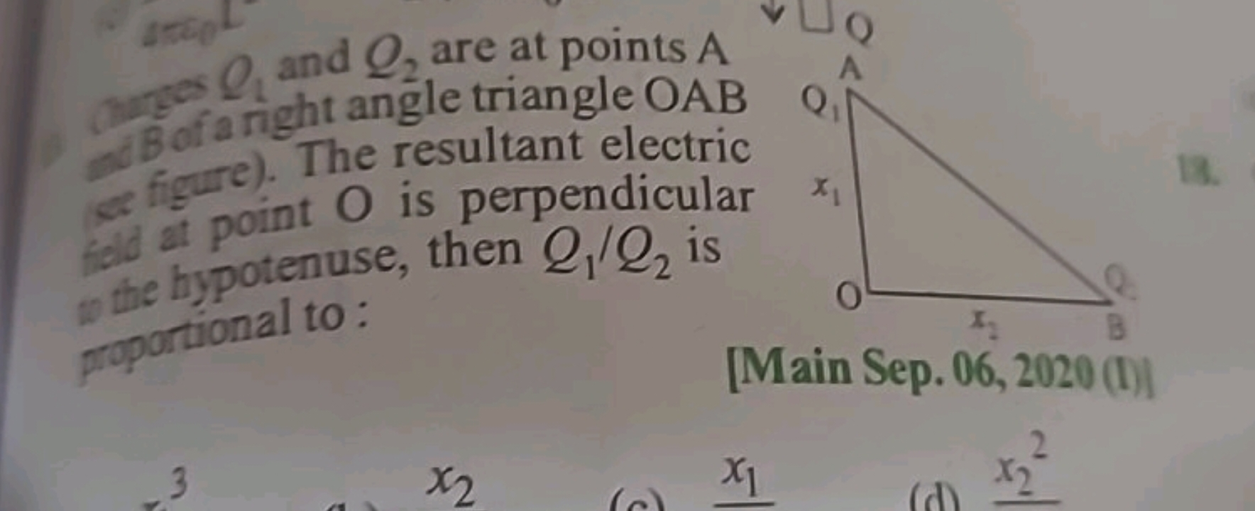 Q1​ and Q2​ are at points A Bof right angle triangle OAB at point O Th