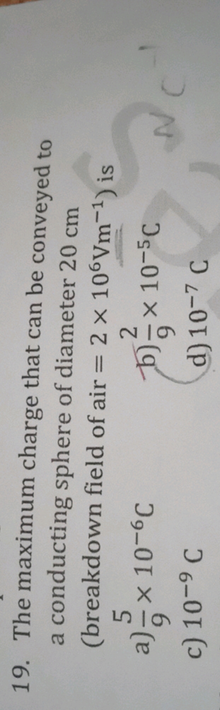 The maximum charge that can be conveyed to a conducting sphere of diam