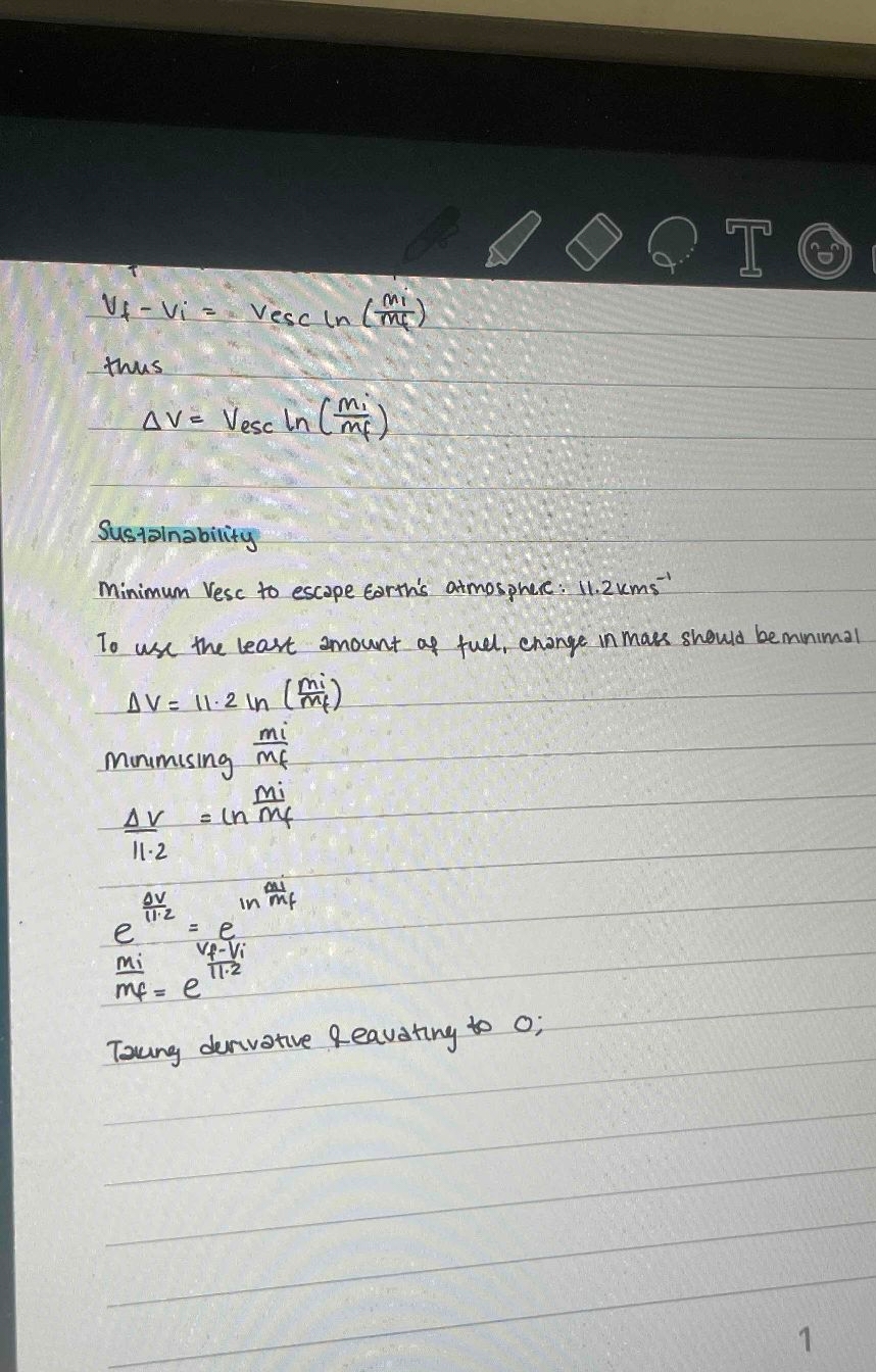 vf​−vi​=Vescln(mf​mi​​)
thus
Δv=Vesc ​ln(mf​mi​​)

Sustainability
Mini