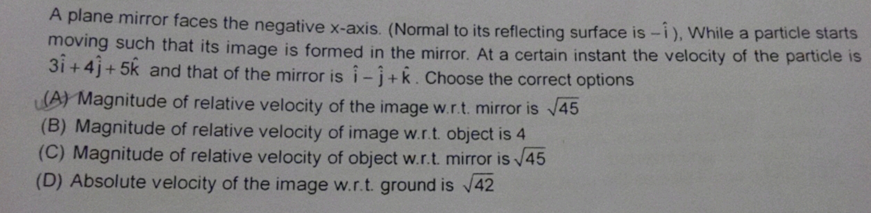 A plane mirror faces the negative x-axis. (Normal to its reflecting su