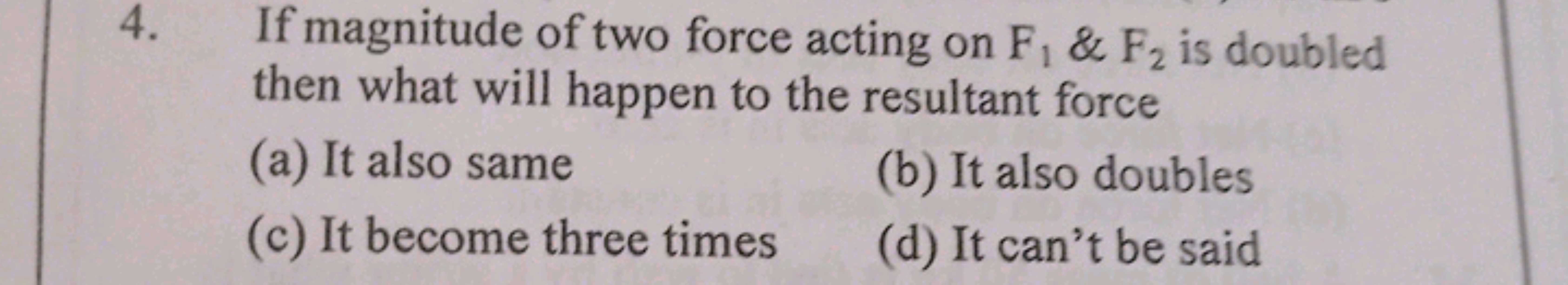 If magnitude of two force acting on F1​&F2​ is doubled then what will 