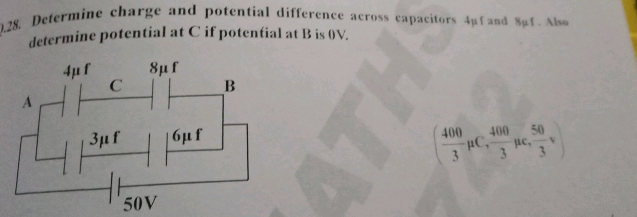 28. Determine charge and potential difference across capacitors 4μf an