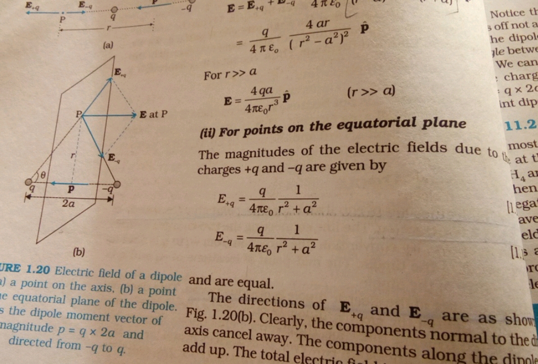 For r≫a
E=4πε0​r34qa​p^​(r>>a)
(ii) For points on the equatorial plane