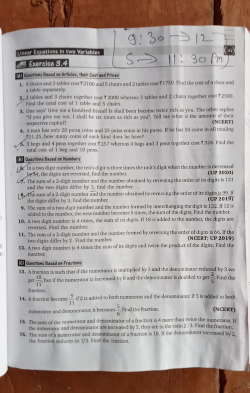 Linear Equations in two Variables
Exercise 3.4
(W) Questions Based on 