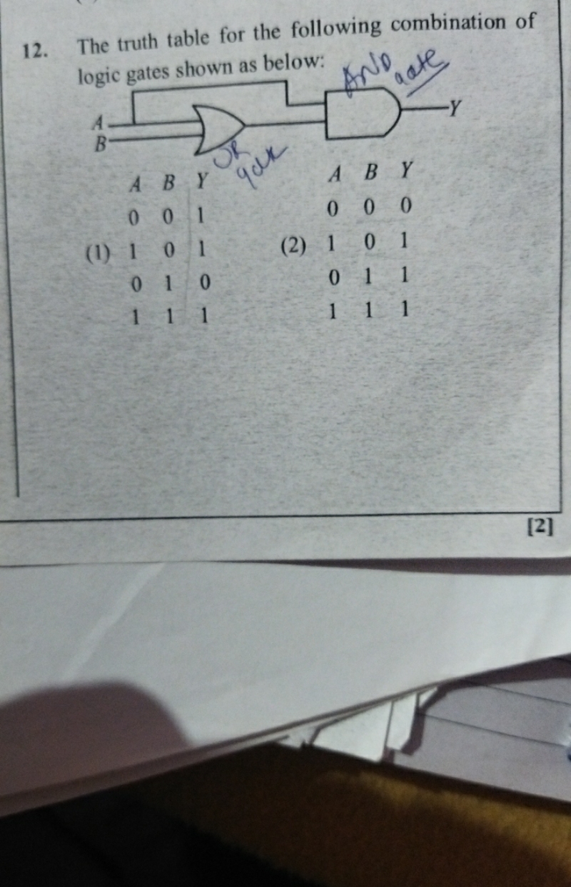 12. The truth table for the following combination of logic gates shown