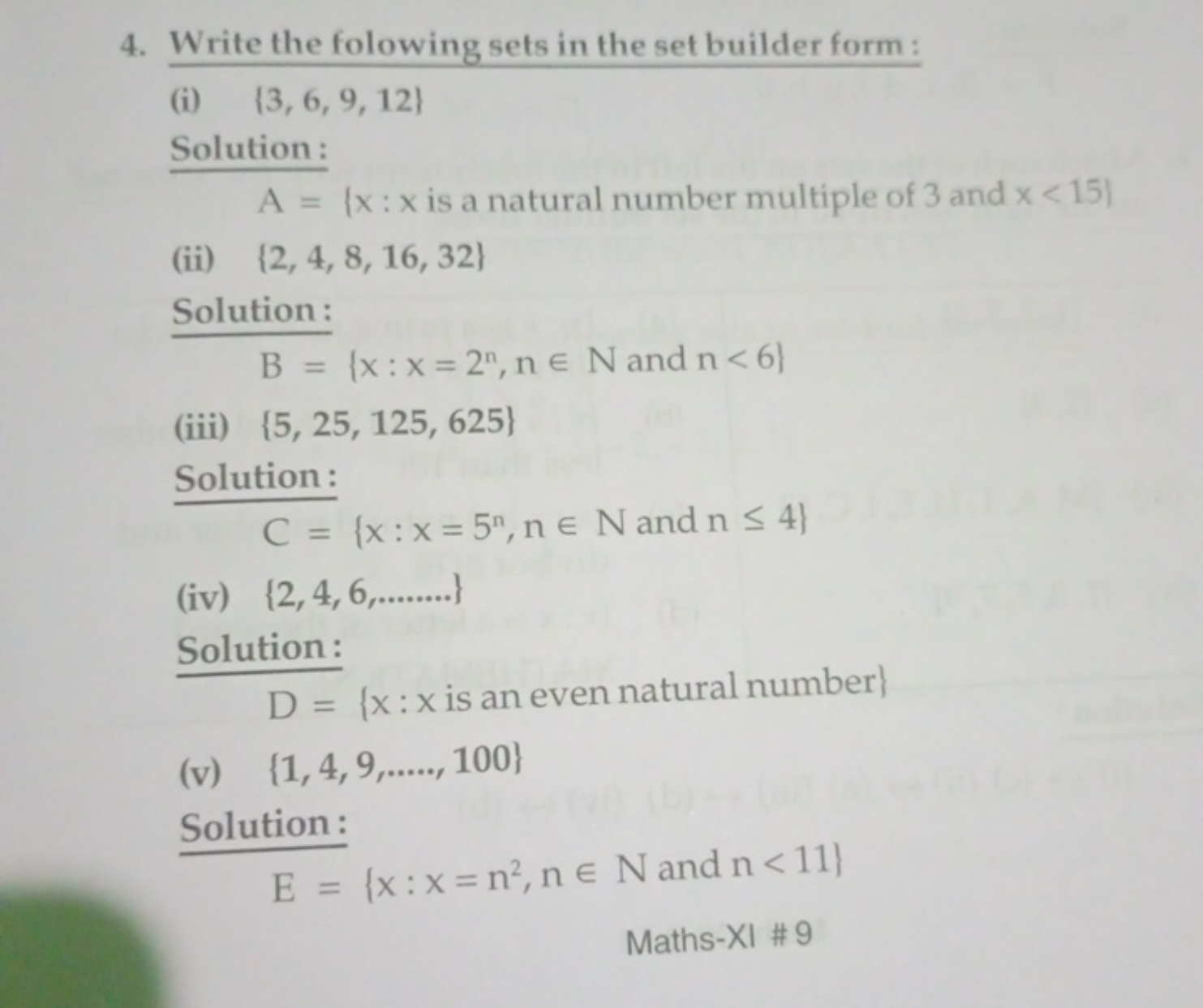 4. Write the folowing sets in the set builder form:
(i) {3,6,9,12}
Sol