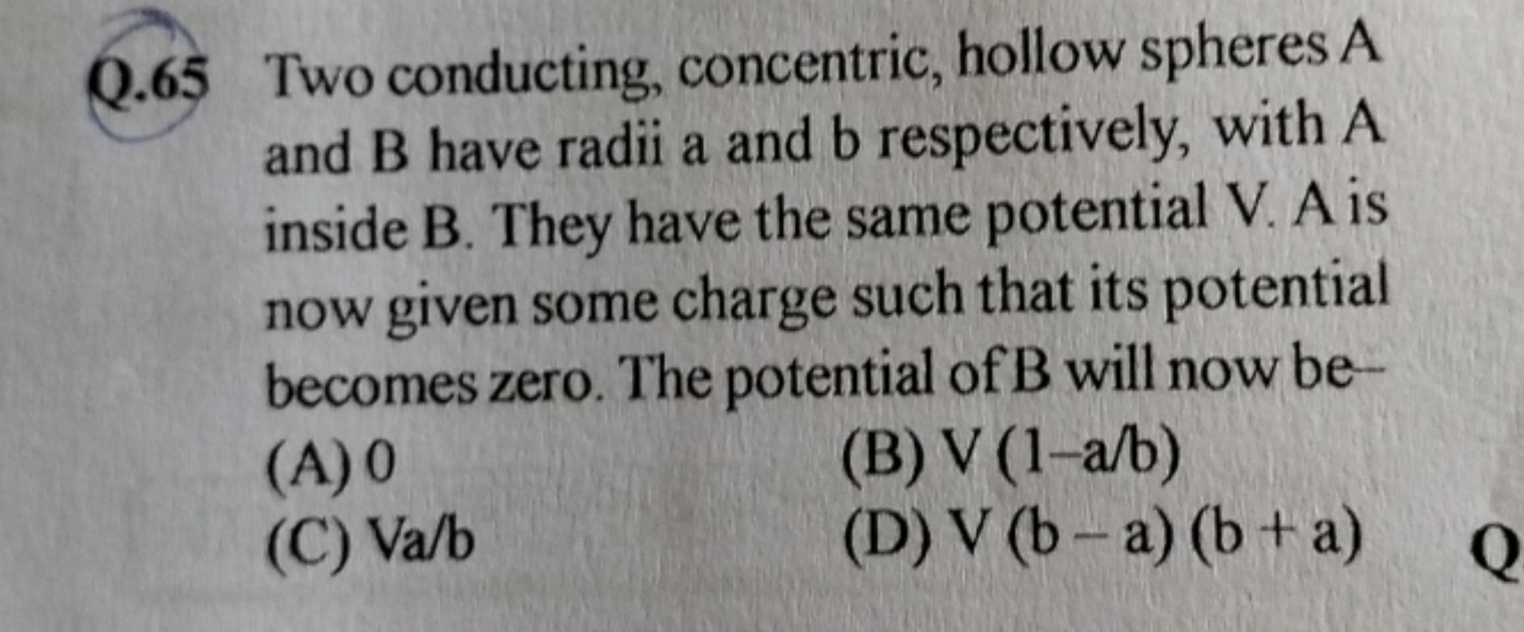 Q.65 Two conducting, concentric, hollow spheres A and B have radii a a