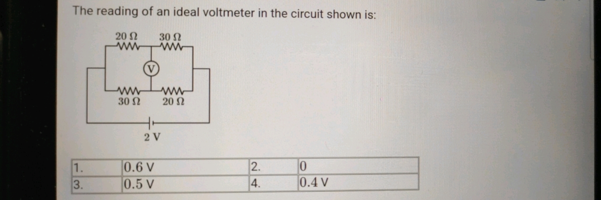 The reading of an ideal voltmeter in the circuit shown is:
1.0.6 V2.03