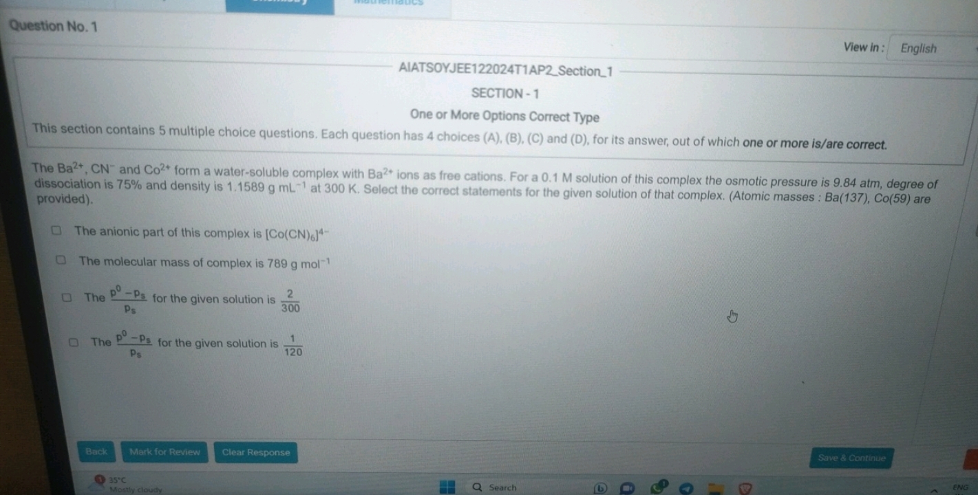 Question No. 1
View in: English
AIATSOYJEE122024T1AP2_Section_1
SECTIO