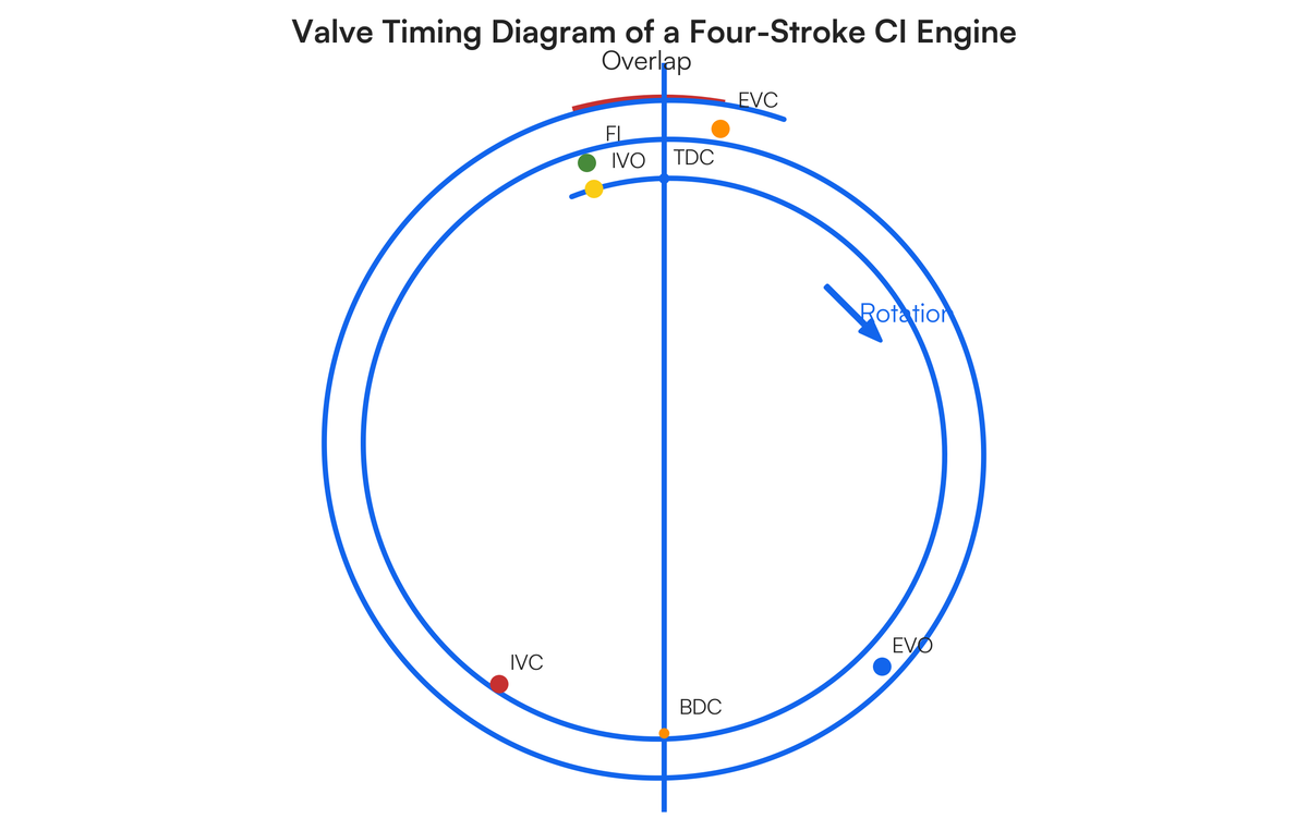 Engines revision Draw a valve timing diagram of a four-stroke CI engine...