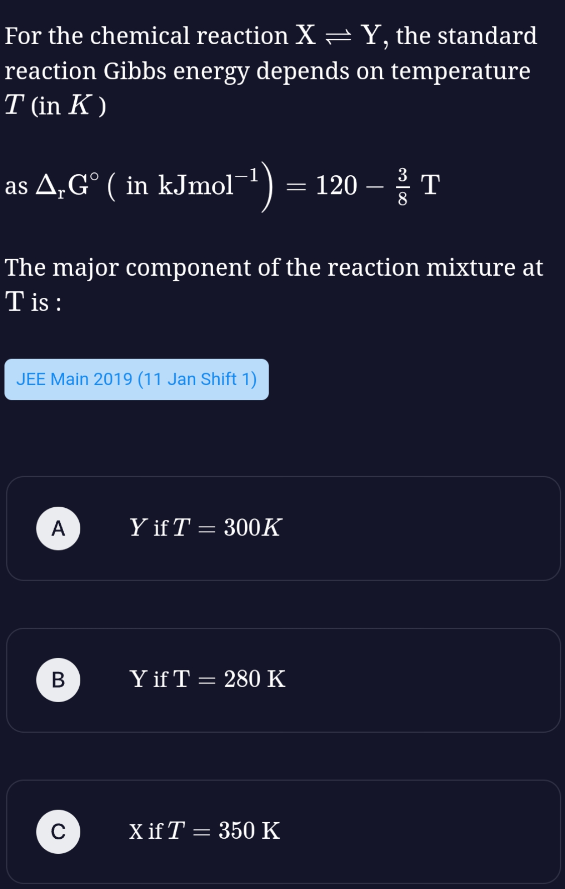 For the chemical reaction X⇌Y, the standard reaction Gibbs energy depe