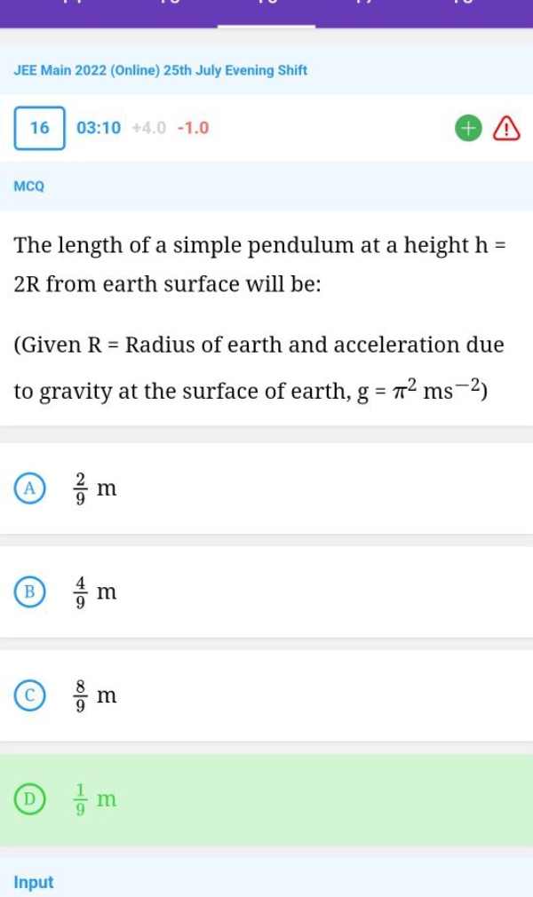 JEE Main 2022 (Online) 25th July Evening Shift 1603:10+4.0−1.0 MCQ The