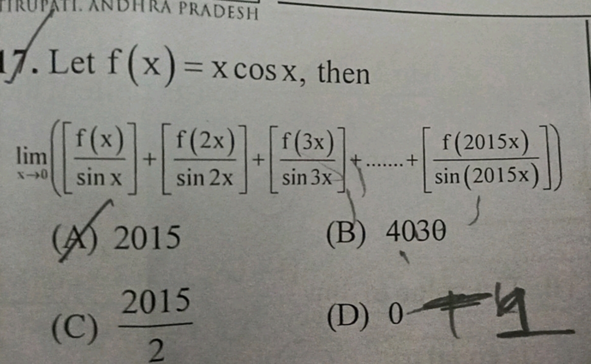 Let f(x)=xcosx, then \[ \lim _{x \rightarrow 0}\left(\left[\frac{f(x)}