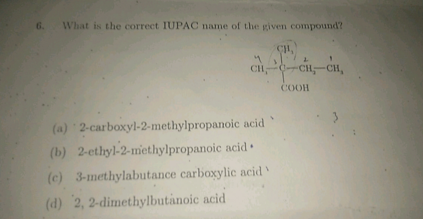 What is the correct IUPAC name of the given compound? CCC(C)(C)C(=O)O