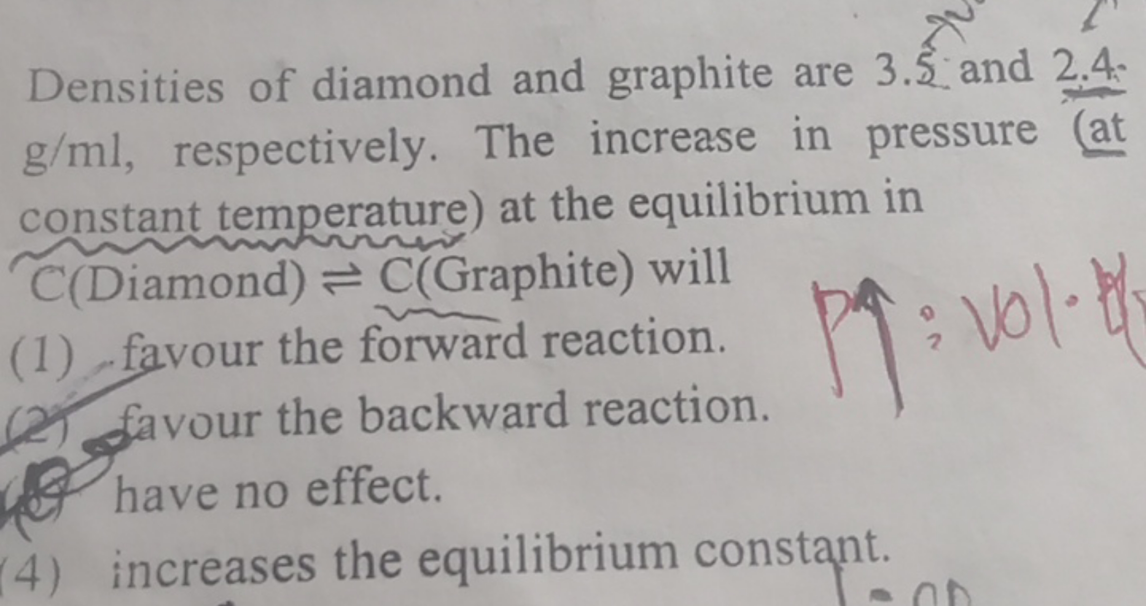 Densities of diamond and graphite are 3.5 and 2.4. g/ml, respectively.