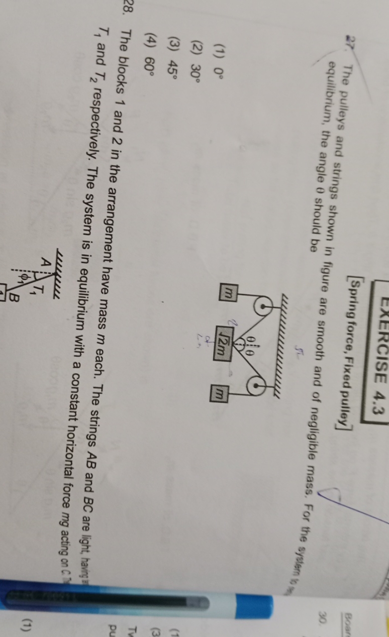 EXERCISE 4.3
[Spring force, Fixed pulley]
27. The pulleys and strings 