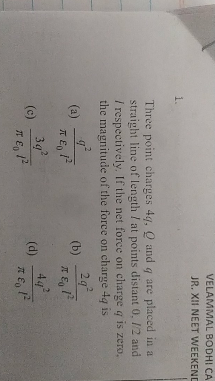 VELAMMAL BODHI CA JR. XII NEET WEEKEND I. Three point charges 4q,Q and