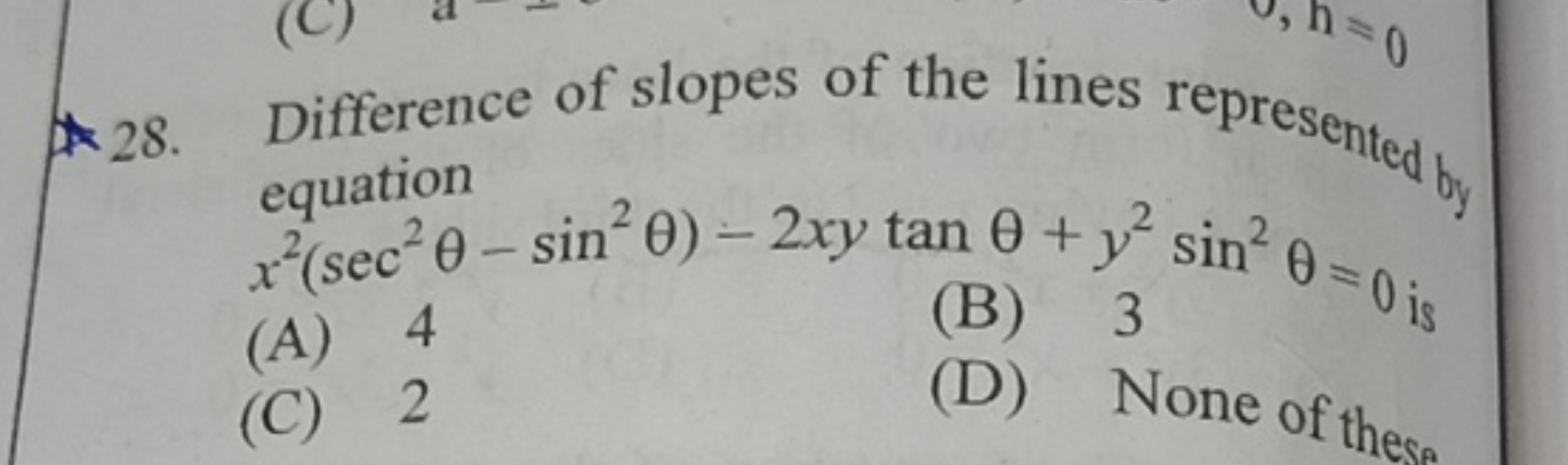 Difference of slopes of the lines represented by equation x2(sec2θ−sin