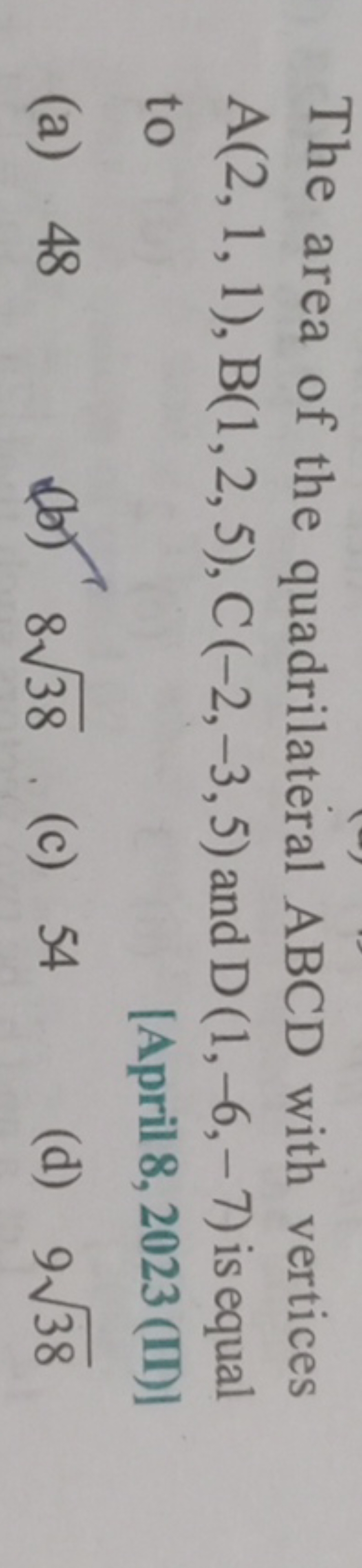 The area of the quadrilateral ABCD with vertices A(2,1,1),B(1,2,5),C(−