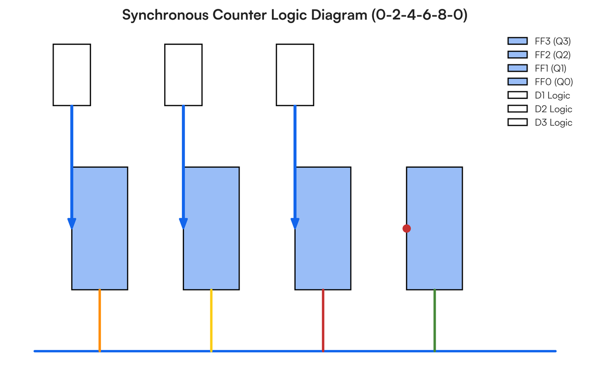 Draw a synchronous counter which counts from 0, 2, 4, 6 and 8. | Filo