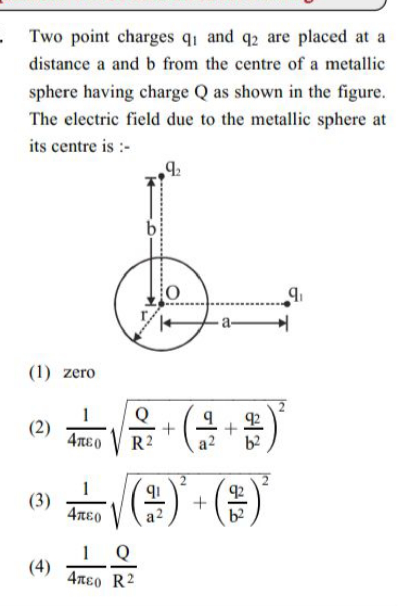 Two point charges q1​ and q2​ are placed at a distance a and b from th