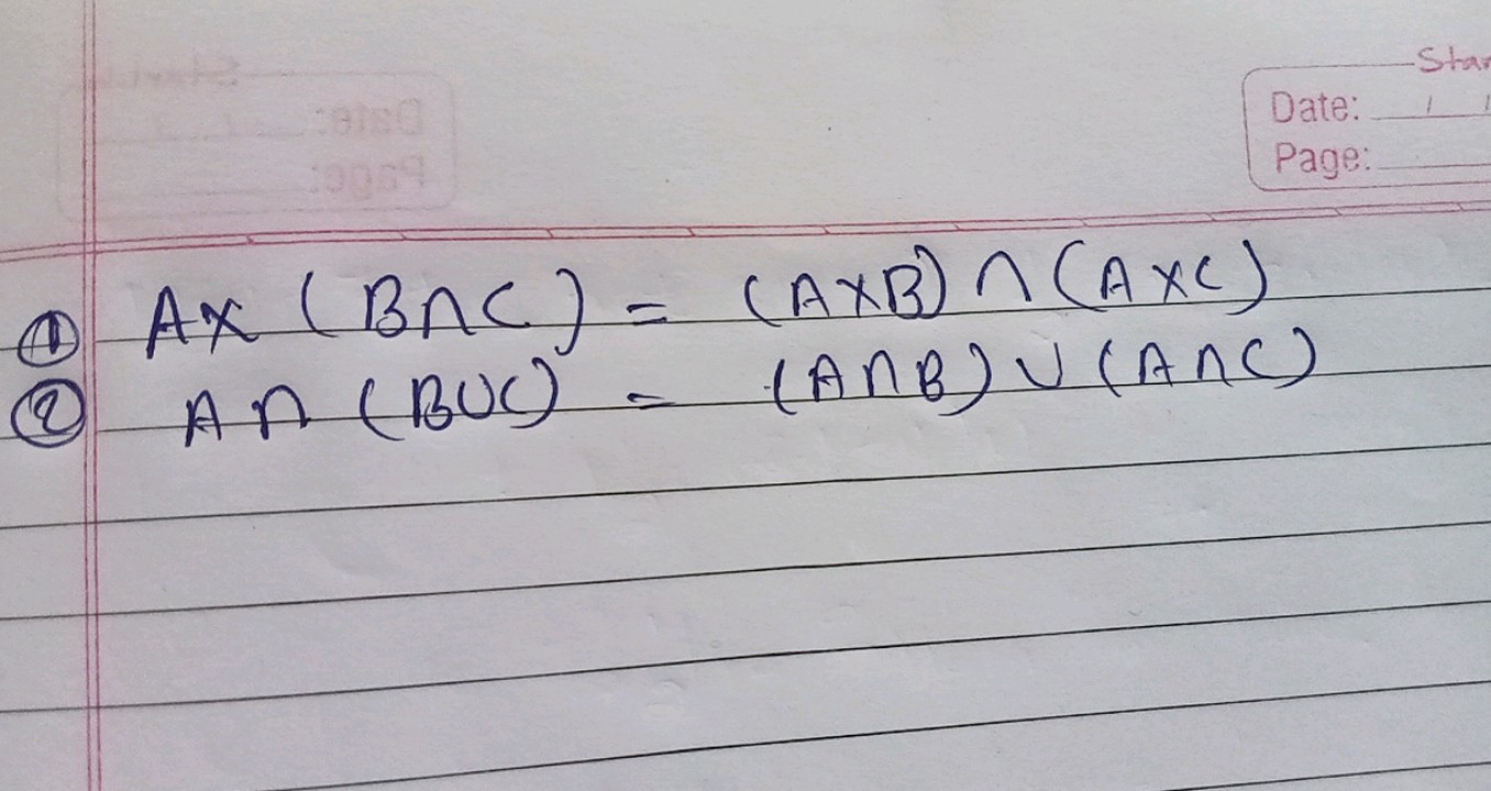 (1)
A×(B∩C)=(A×B)∩(A×C)A∩(B∪C)=(A∩B)∪(A∩C)​
