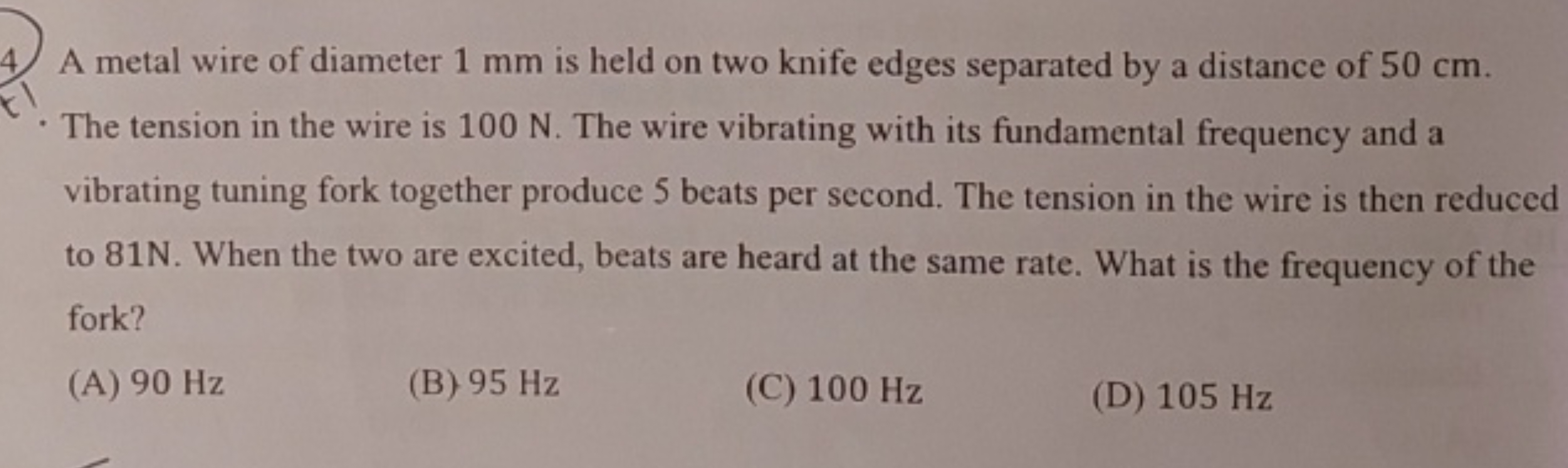 A metal wire of diameter 1 mm is held on two knife edges separated by 