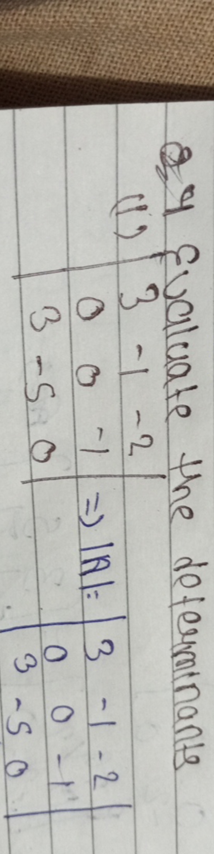 o4 Evalcuate the deferminants (1) 3−1−2
∣∣​303​−10−5​−2−10​∣∣​⇒∣A∣=∣∣​