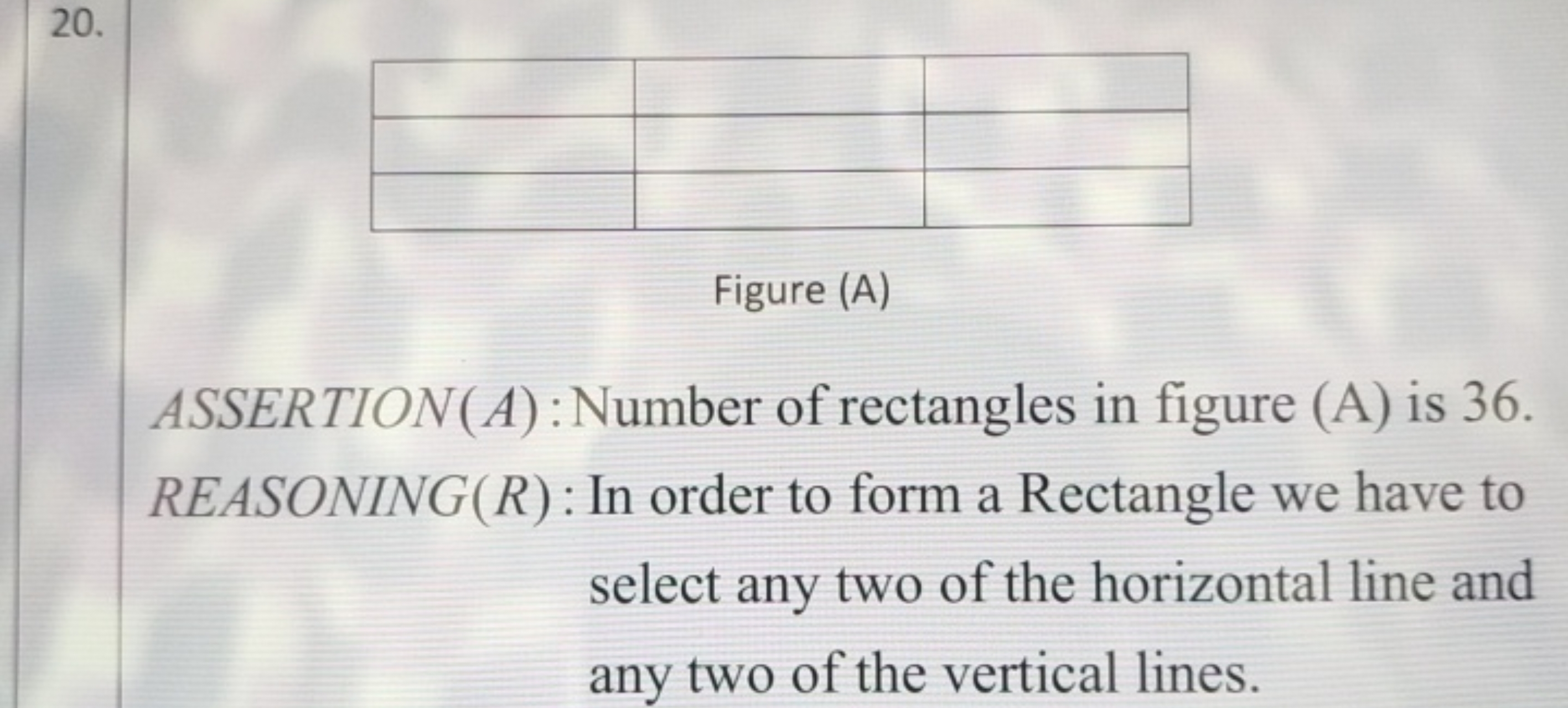 20.


Figure (A)
ASSERTION(A) : Number of rectangles in figure (A) is 