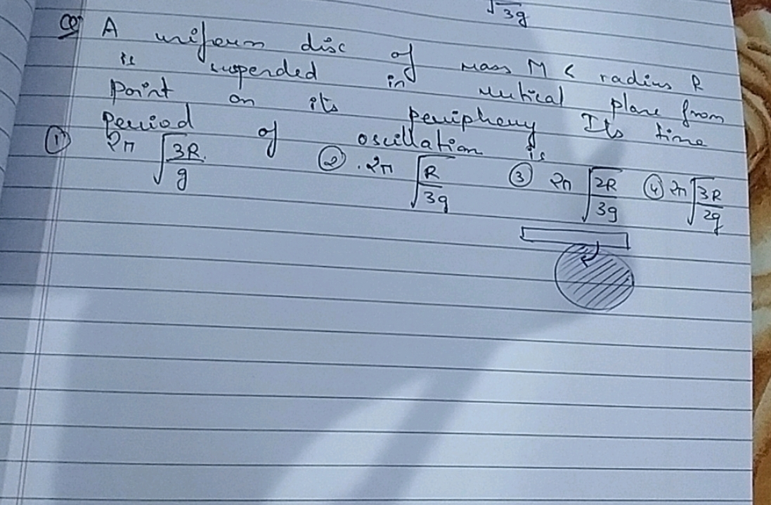  A uriferm disc of mass M< radius R point on its in peripherical plans