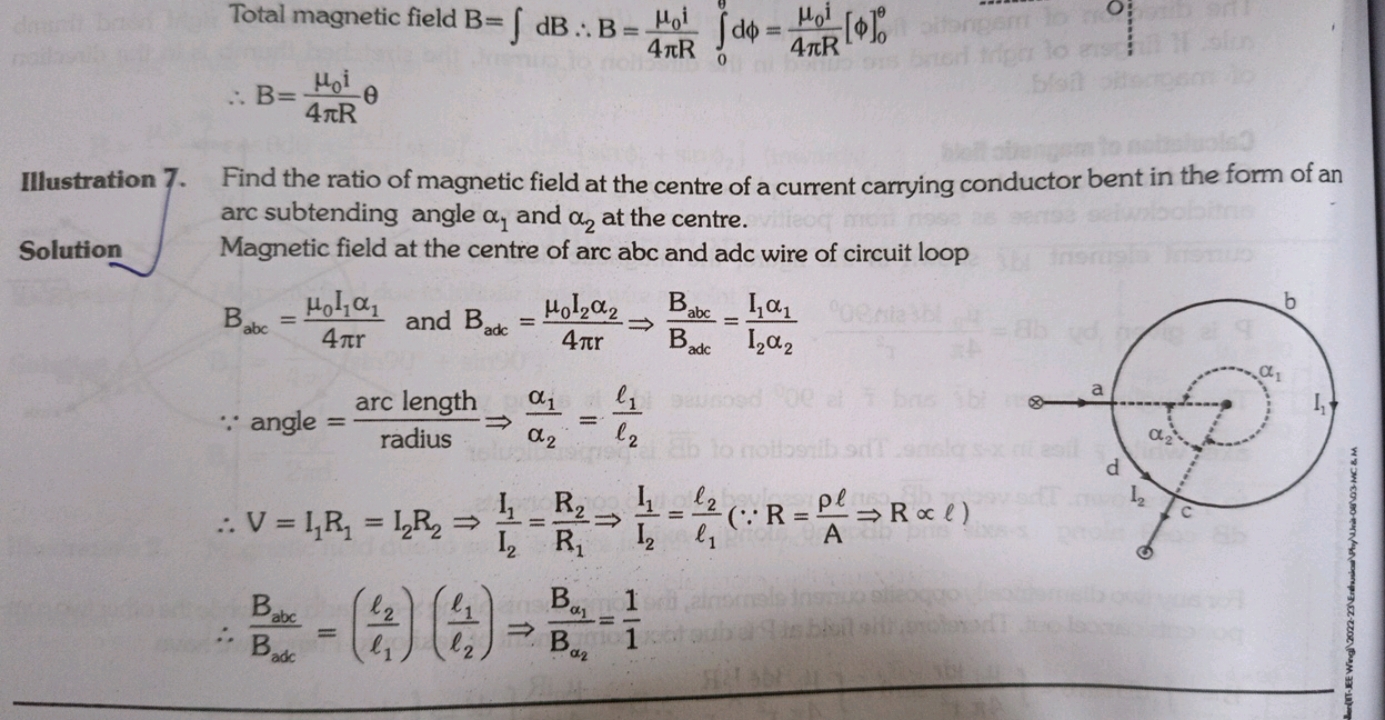 Total magnetic field B=∫dB∴B=4πRμ0​i​∫0θ​dϕ=4πRμ0​i​[ϕ]0θ​
∴B=4πRμ0​i​
