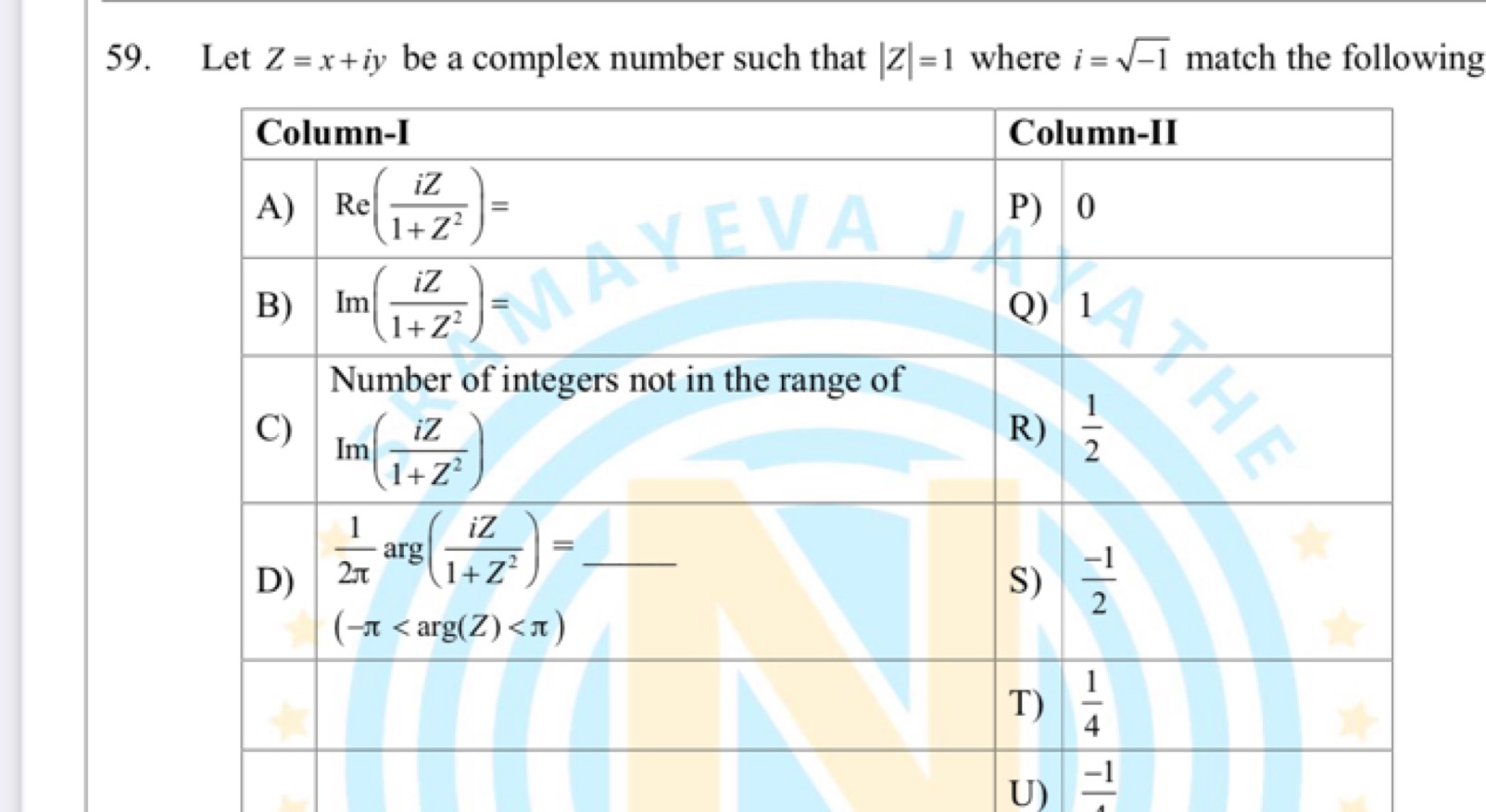 59. Let Z=x+iy be a complex number such that ∣Z∣=1 where i=−1​ match t