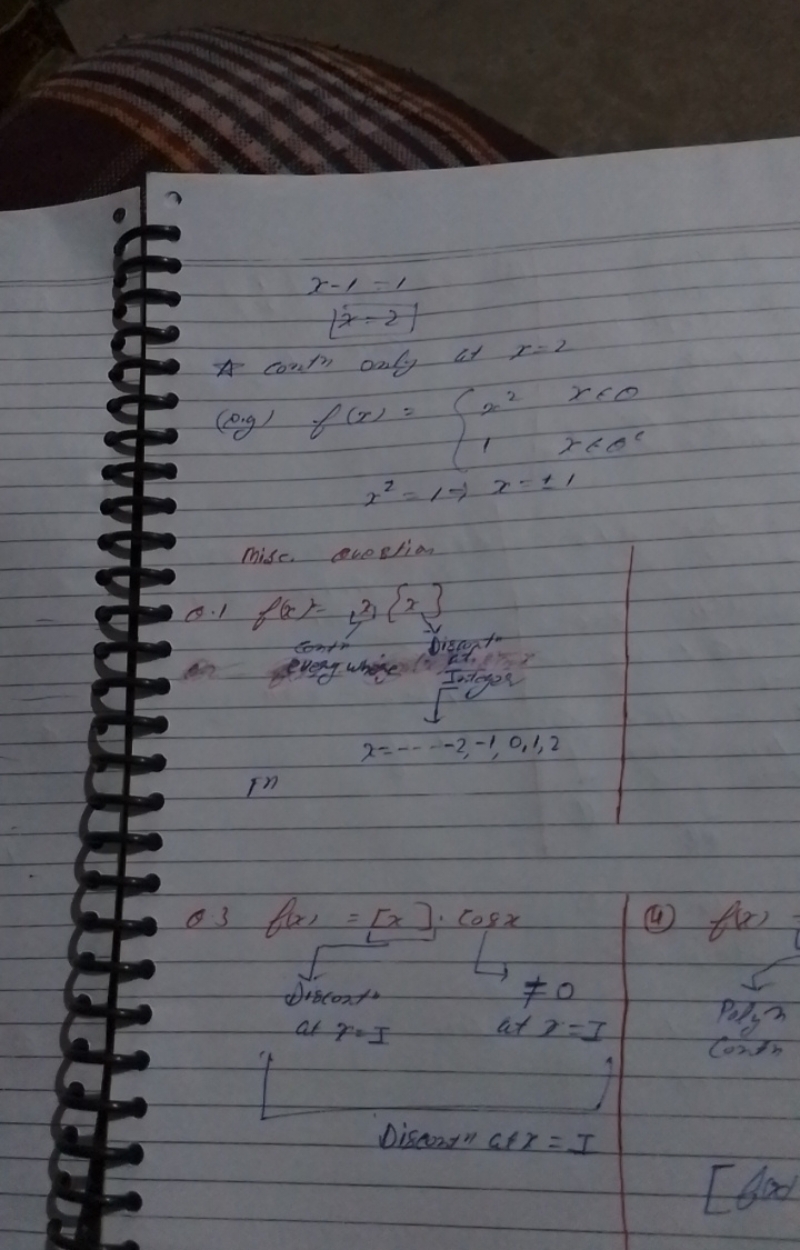 x−1=1[x=2​
A contr only at x=2
(e.g) f(x)={x21​x∈0x∈θ2​
x2=⇔x=±1
Mise 