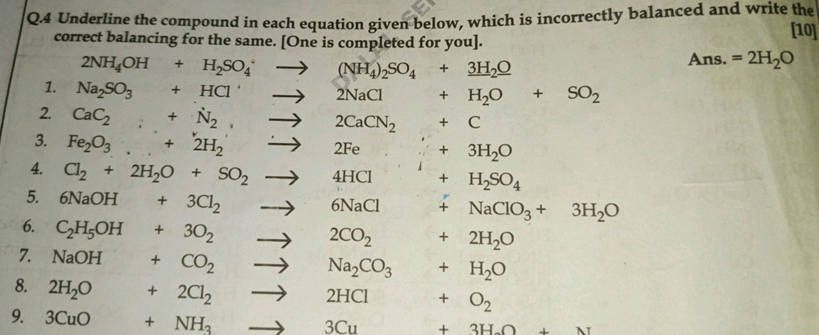 4 Underline the compound in each equation given below, which is incorr