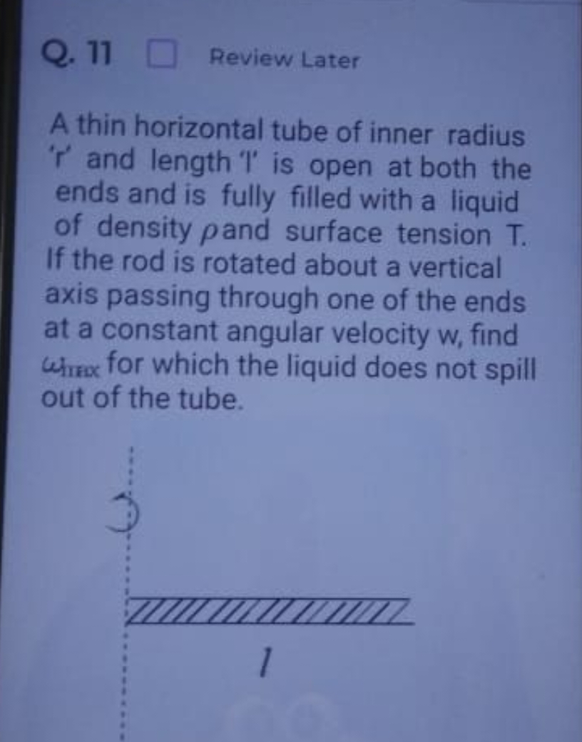 Q. 11
Review Later
A thin horizontal tube of inner radius ' r ' and le