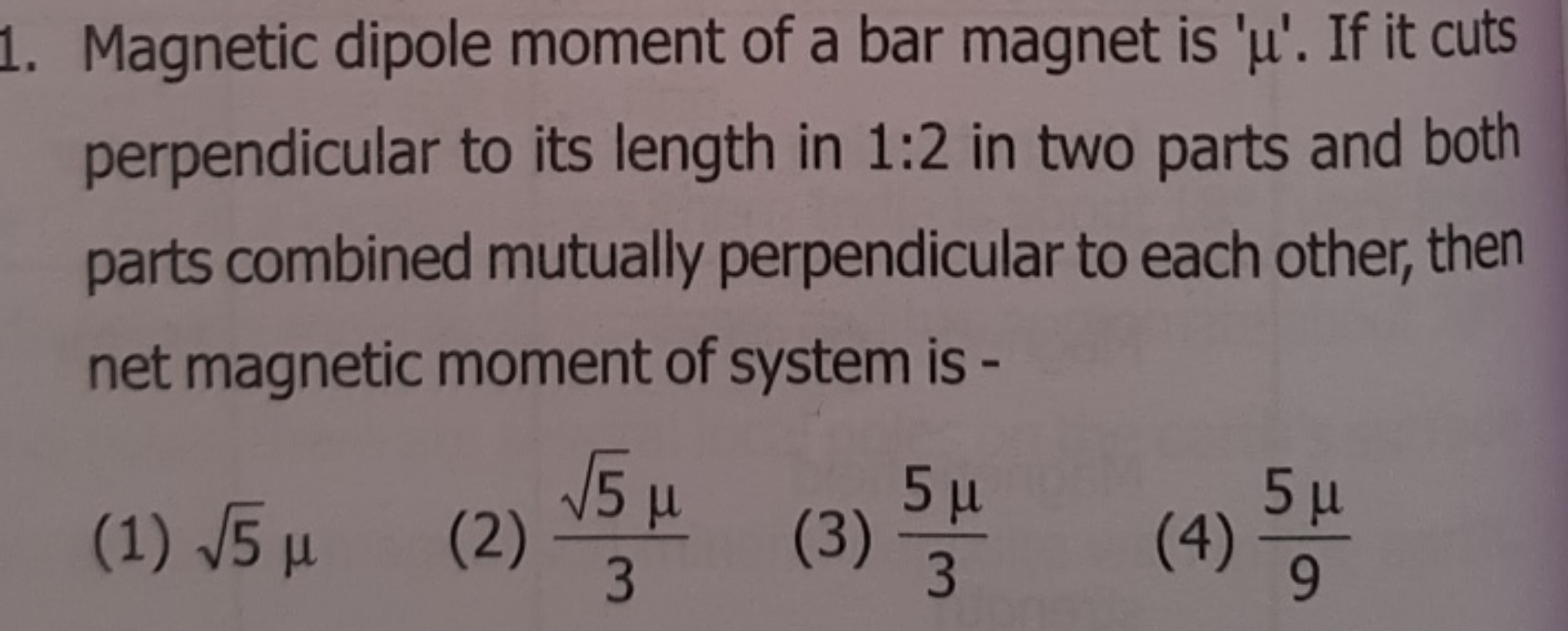 Magnetic dipole moment of a bar magnet is ' μ '. If it cuts perpendicu