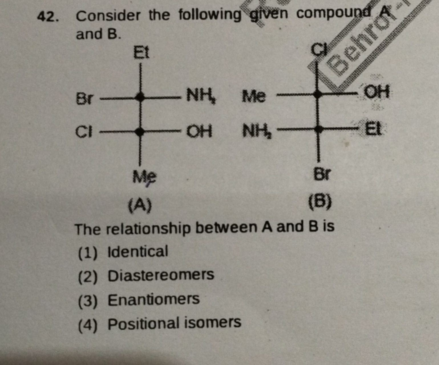 Consider the following given compound A and B. CCC(N)(Br)C(C)(O)Cl CCC