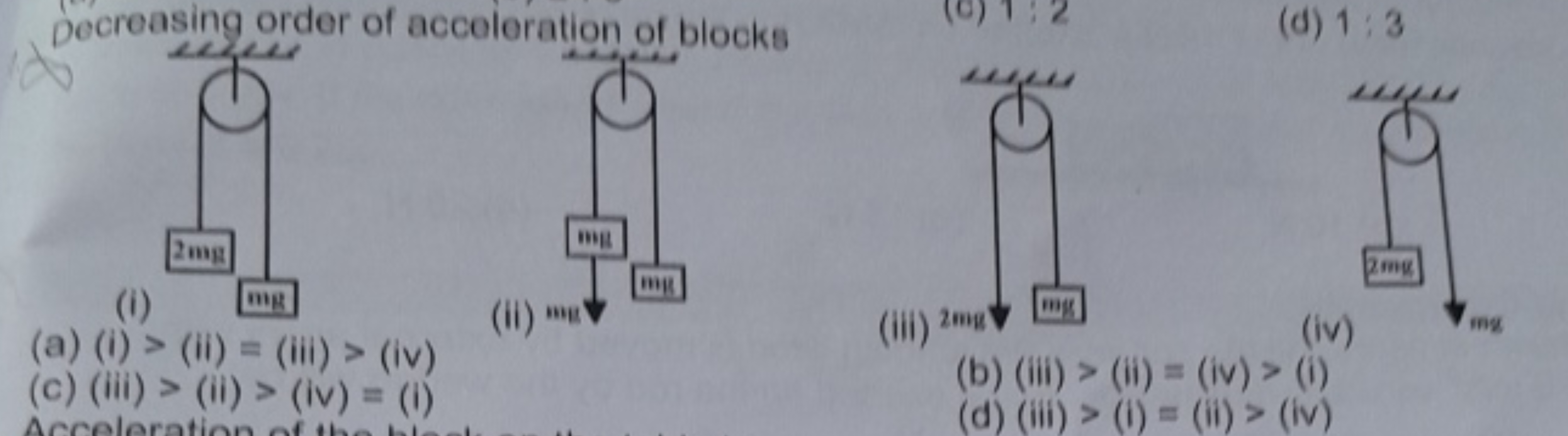 Decreasing order of acceleration of blocks
(i)
(iii)
(d) 1:3
(a) (i) >