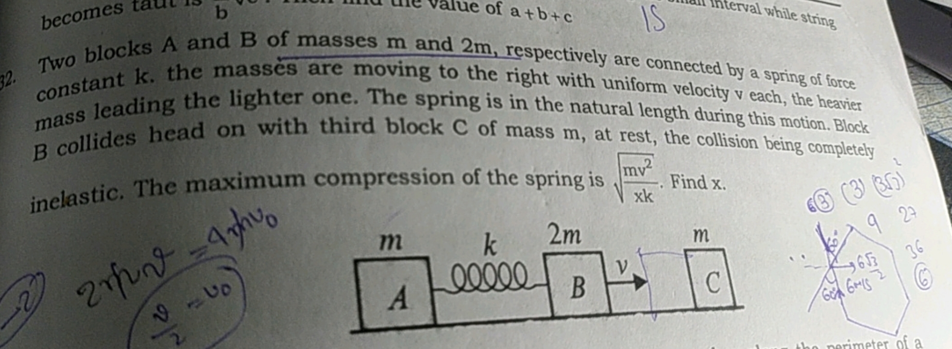 Two blocks A and B of masses m and 2m, respectively are connected by a