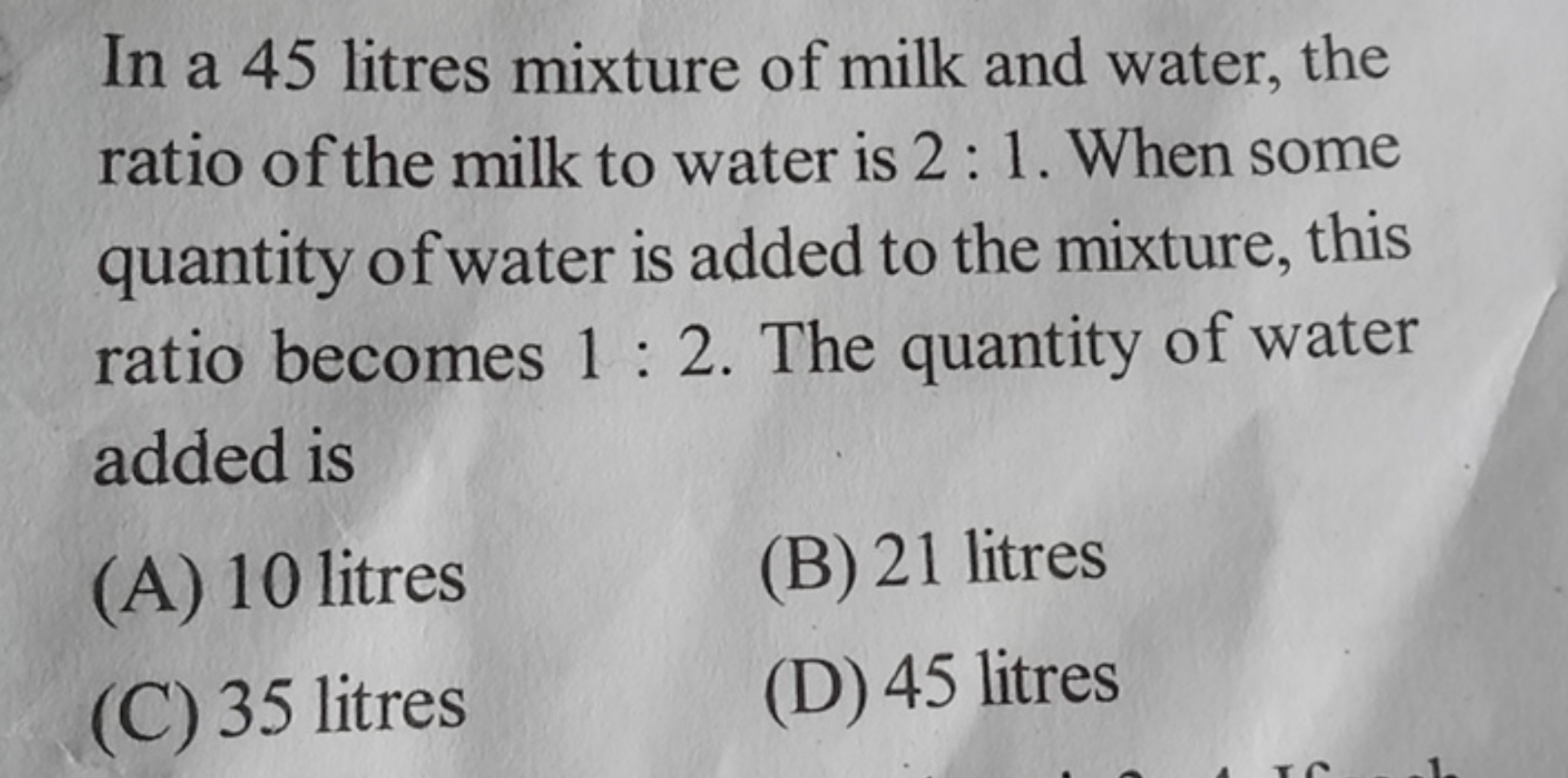 In a 45 litres mixture of milk and water, the ratio of the milk to wat