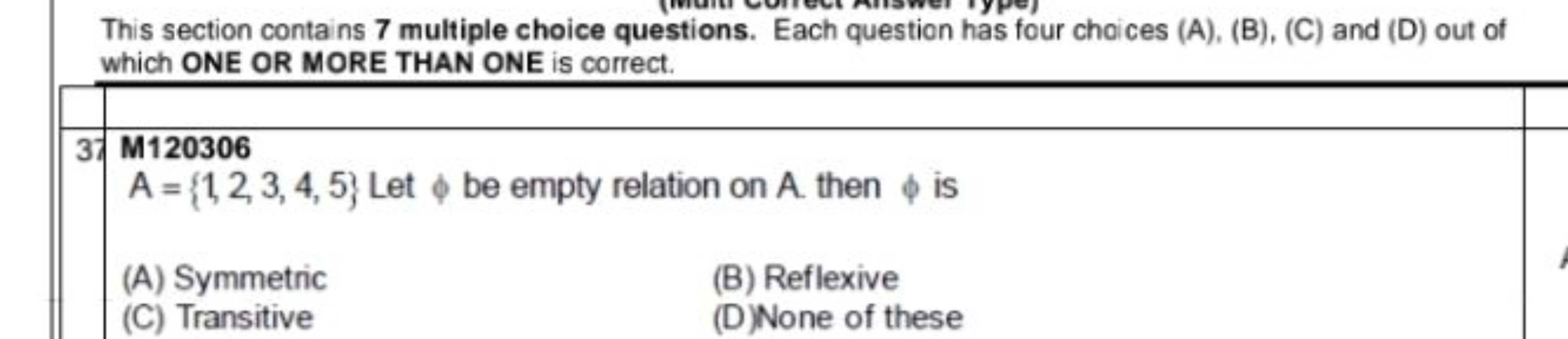 This section contains 7 multiple choice questions. Each question has f