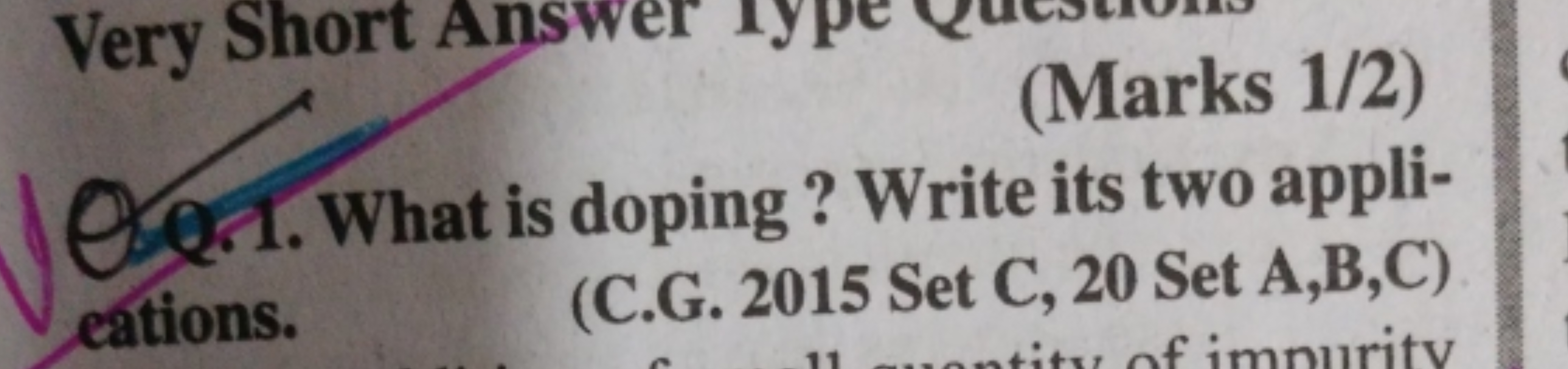 (Marks 1/2)
Q. 1 . What is doping ? Write its two applieations.
(C.G. 