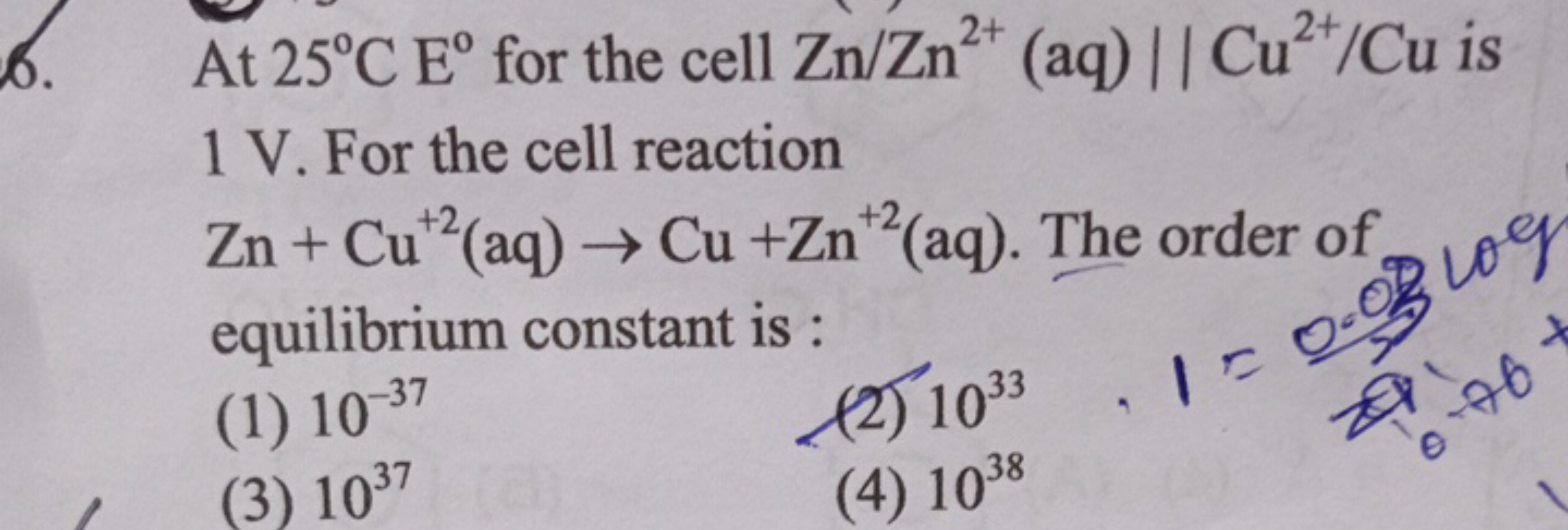 At 25∘CE∘ for the cell Zn/Zn2+(aq)∥Cu2+/Cu is 1 V. For the cell reacti