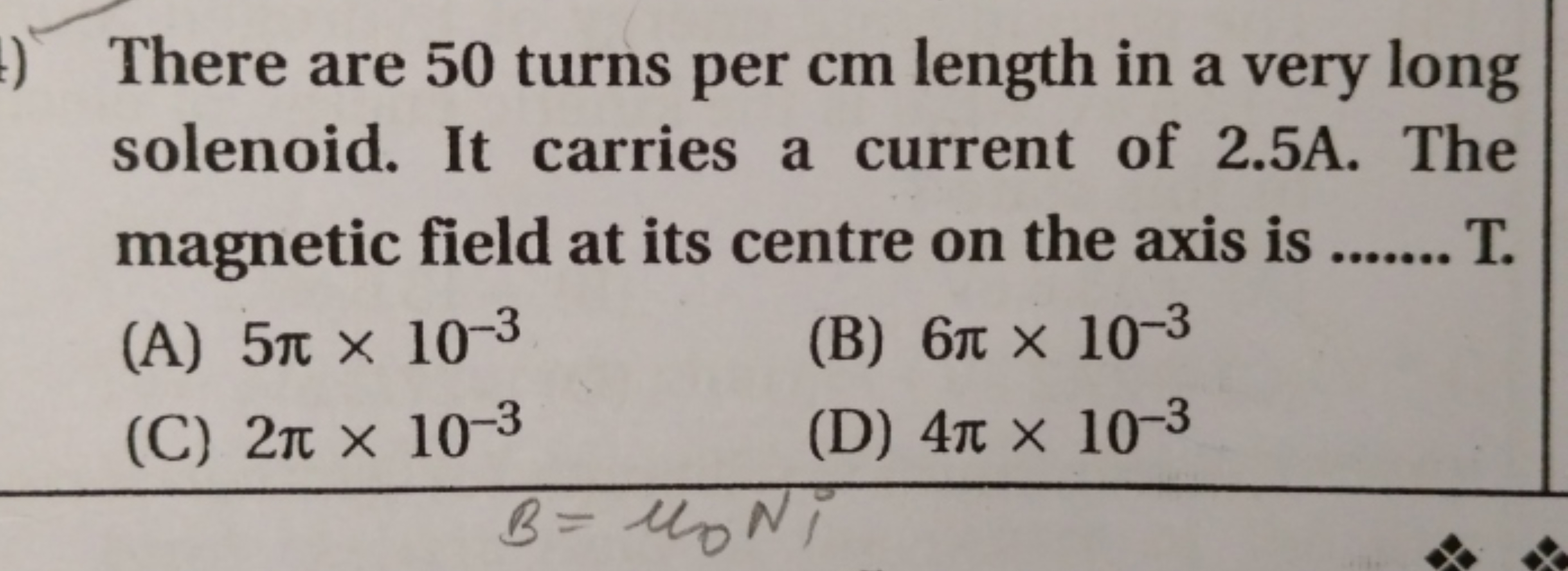 There are 50 turns per cm length in a very long solenoid. It carries a